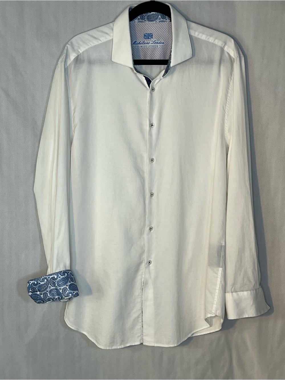 Michelson of London Men’s Shirt White Cotton Button Down Blue Paisley Accents L👍